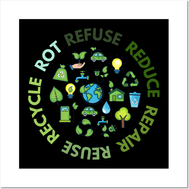 Refuse Reduce Repair Reuse Recycle Rot - Green Eco Wall Art by e s p y